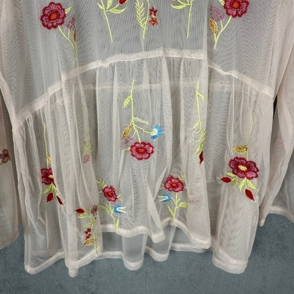 Grand Greene Top Womens Large Pink Embroidered Floral Sheer Romantic Whimsy Boho - Picture 3 of 13
